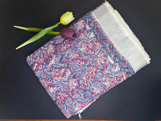 Linen slub floral handblock saree