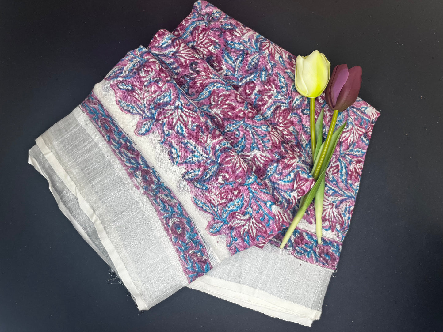 Linen slub floral handblock saree