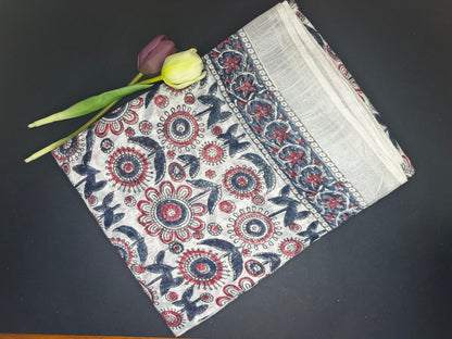 Linen slub floral handblock saree