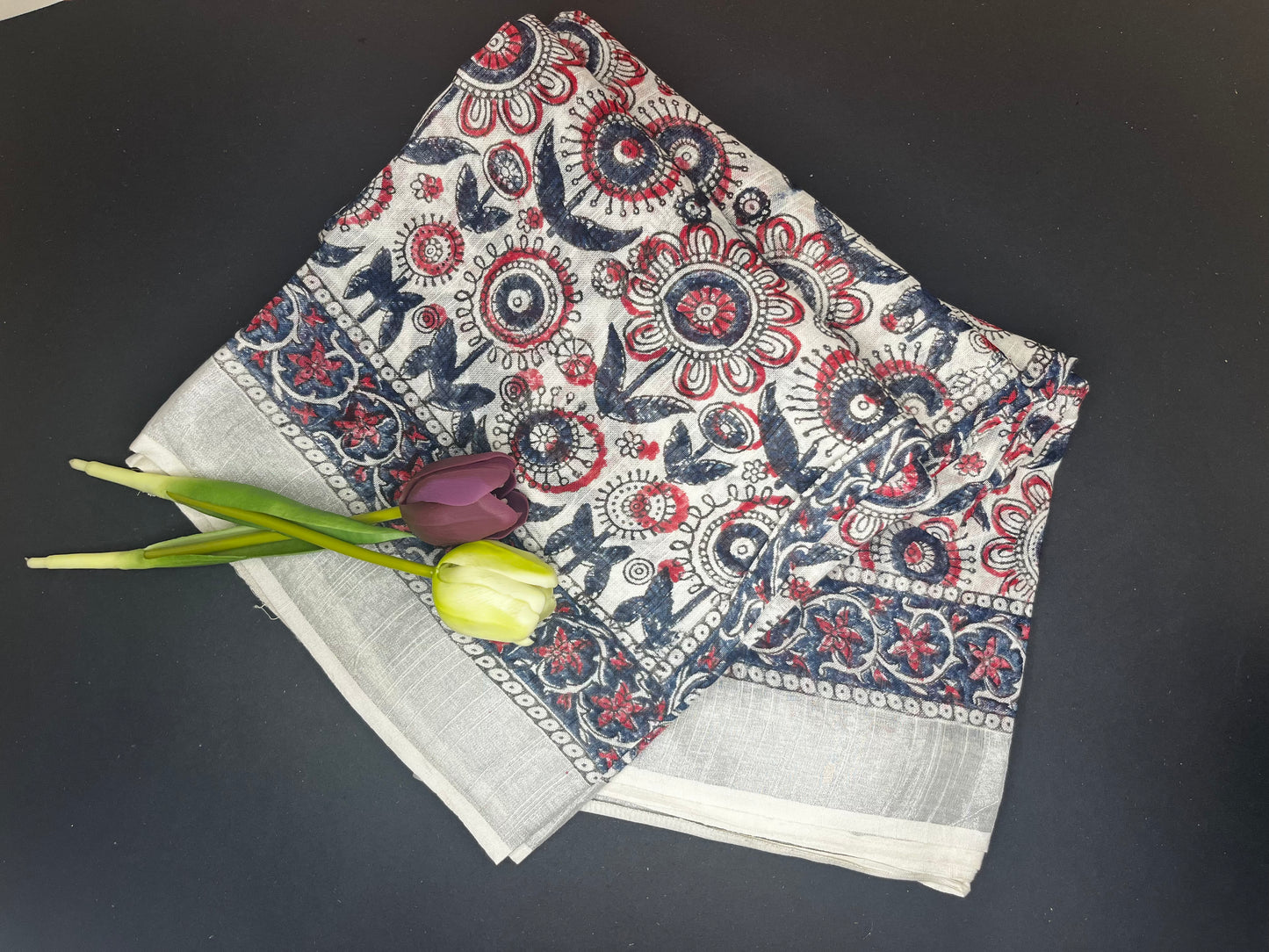Linen slub floral handblock saree