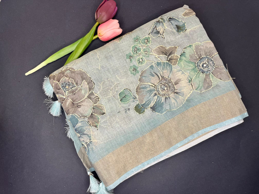 Premium Linen with tissue and Handwork - Sea Blue