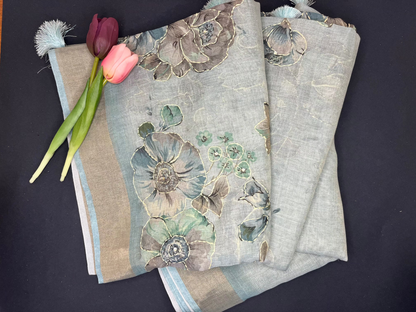 Premium Linen with tissue and Handwork - Sea Blue