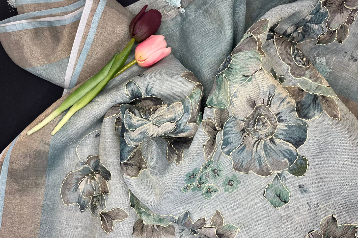 Premium Linen with tissue and Handwork - Sea Blue