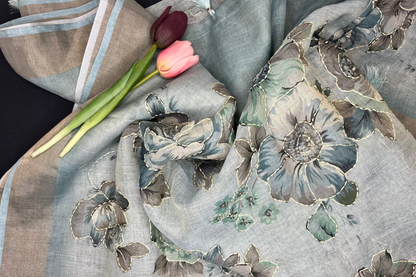 Premium Linen with tissue and Handwork - Sea Blue