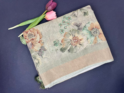 Premium Linen with tissue and Handwork - Green