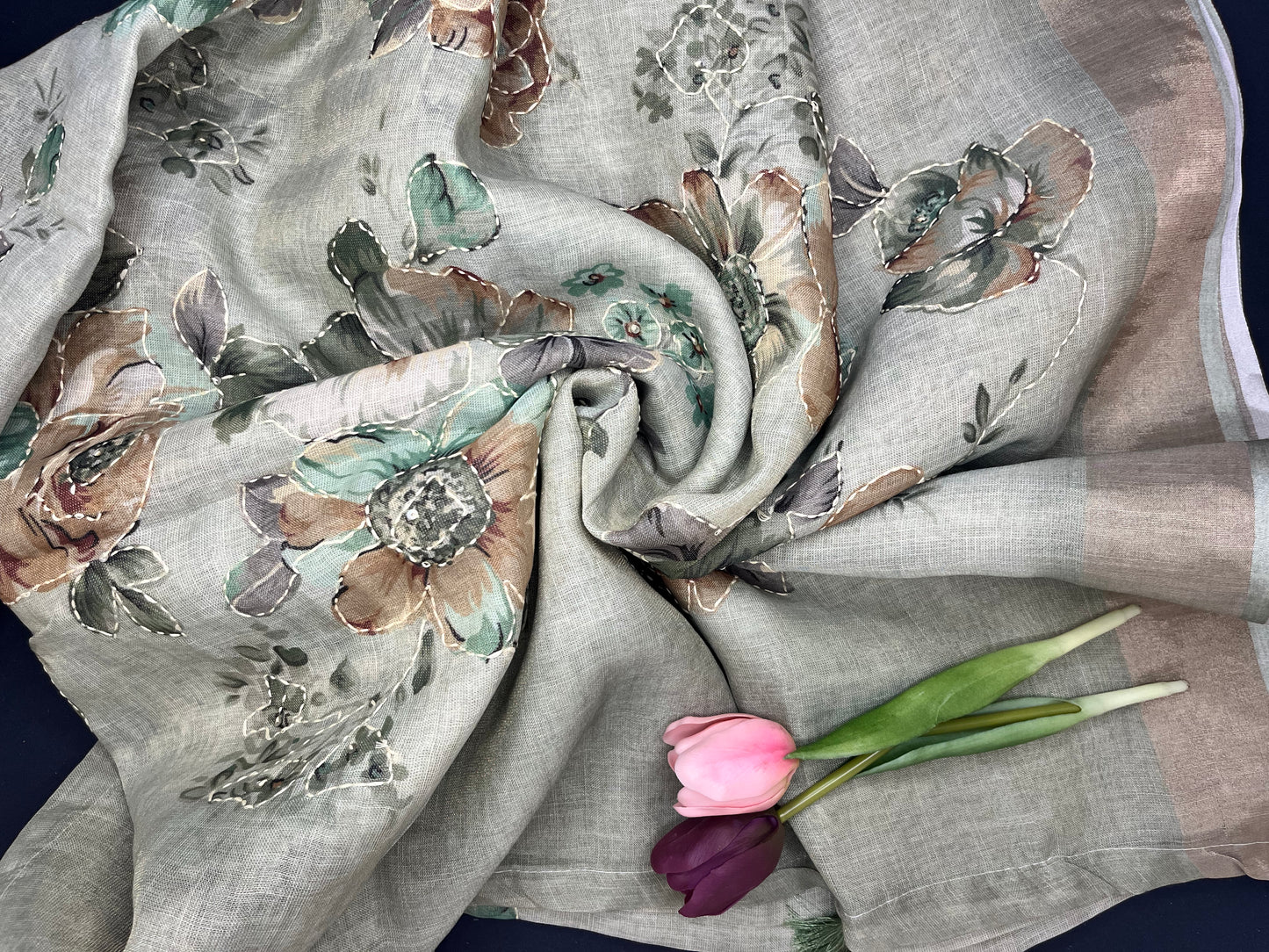 Premium Linen with tissue and Handwork - Green