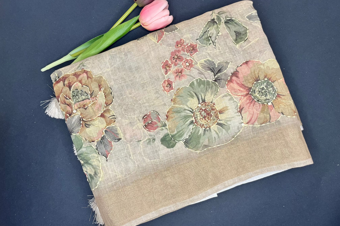 Premium Linen with tissue and Handwork - Beige