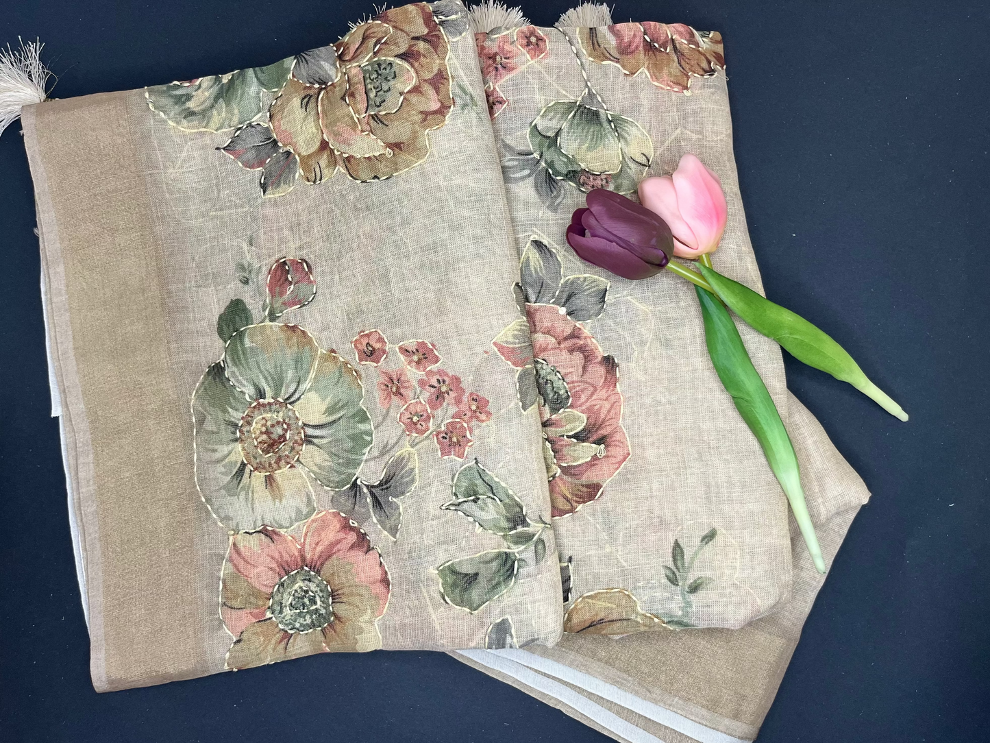 Premium Linen with tissue and Handwork - Beige