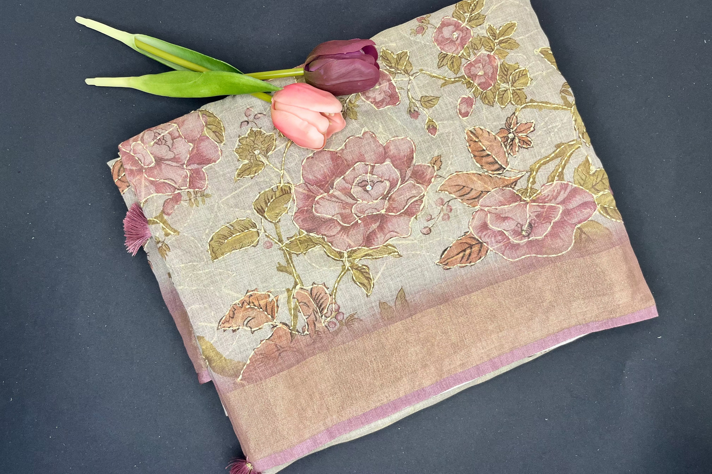 Premium Linen with tissue and Handwork - grey with lilac