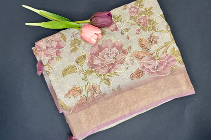 Premium Linen with tissue and Handwork - grey with lilac