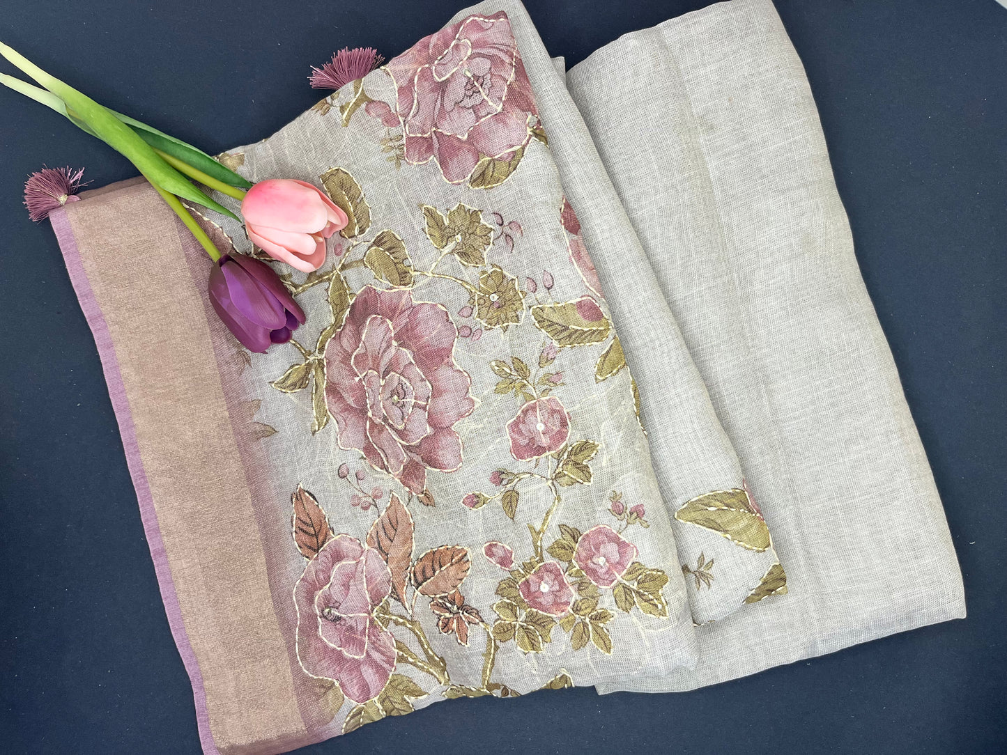 Premium Linen with tissue and Handwork - grey with lilac