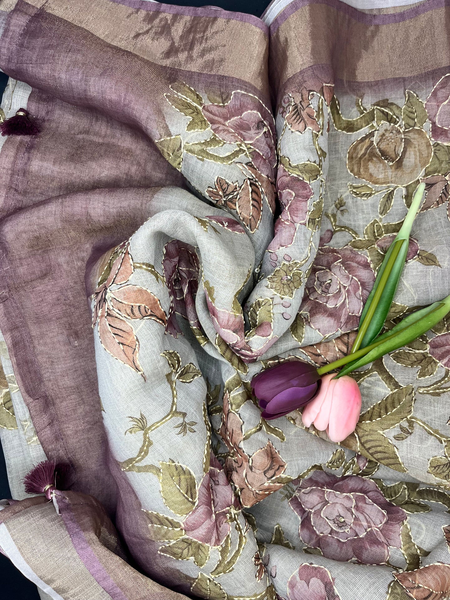 Premium Linen with tissue and Handwork - grey with lilac