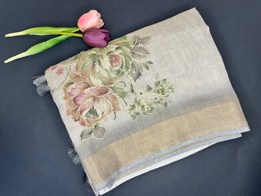 Premium Linen with tissue and Handwork -grey