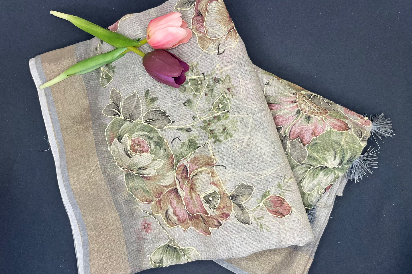 Premium Linen with tissue and Handwork -grey