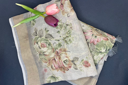 Premium Linen with tissue and Handwork -grey