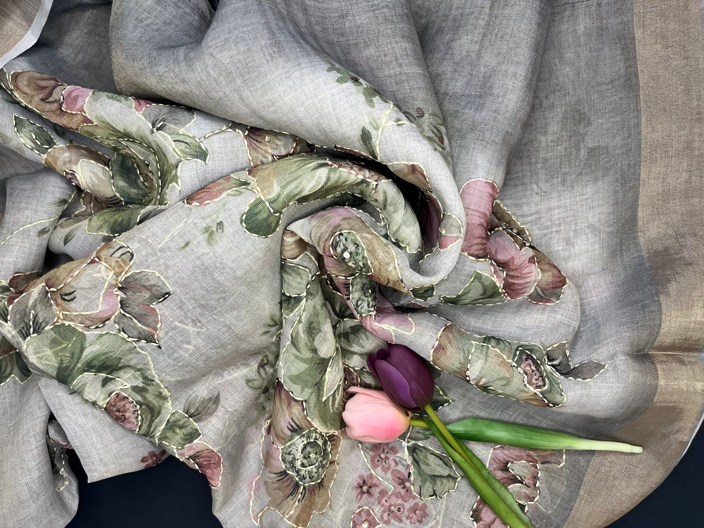 Premium Linen with tissue and Handwork -grey