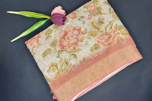 Premium Linen with tissue and Handwork - grey with rose gold