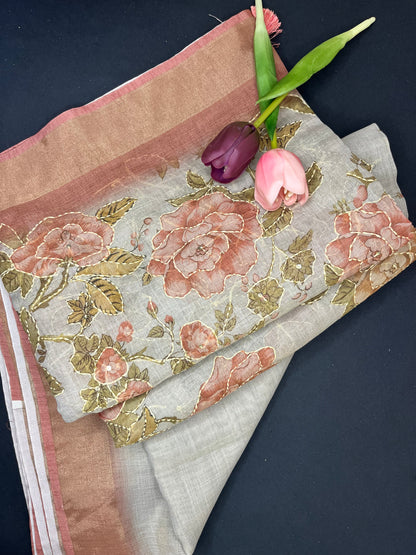 Premium Linen with tissue and Handwork - grey with rose gold