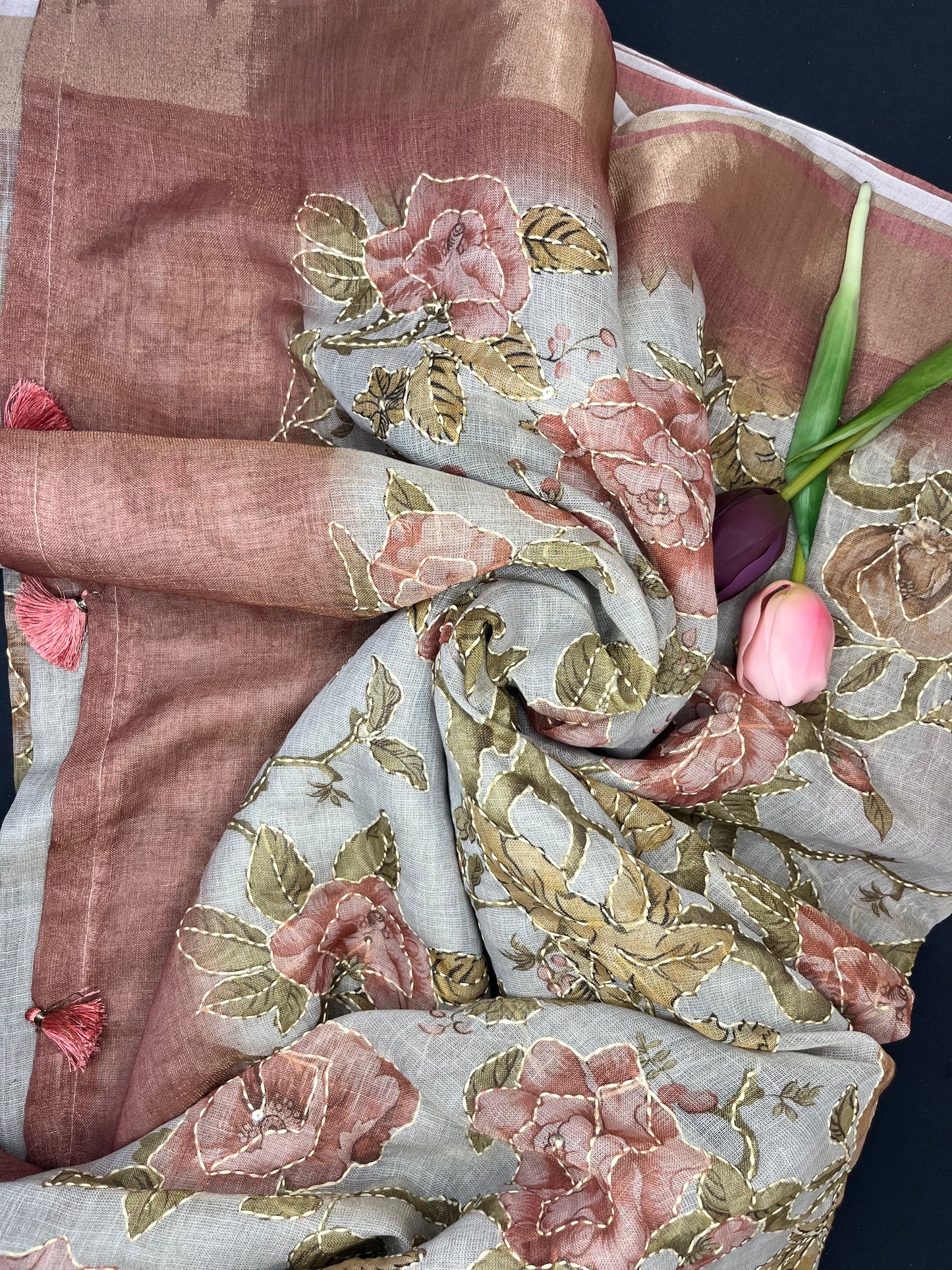 Premium Linen with tissue and Handwork - grey with rose gold