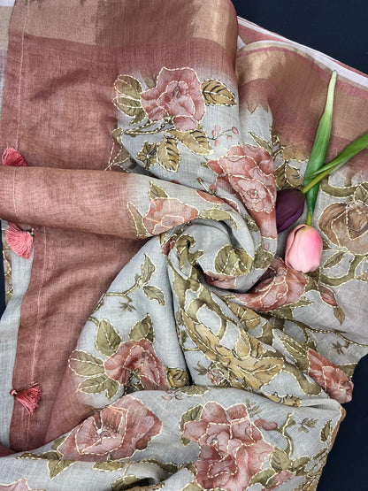 Premium Linen with tissue and Handwork - grey with rose gold