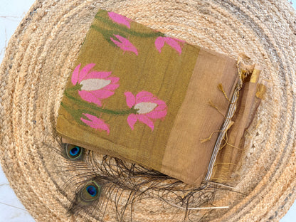 Golden glow- Pure handloom Linen tissue saree