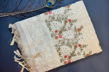 Premium Linen with tissue with embroidery - off white and gold