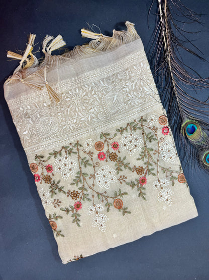 Premium Linen with tissue with embroidery - off white and gold