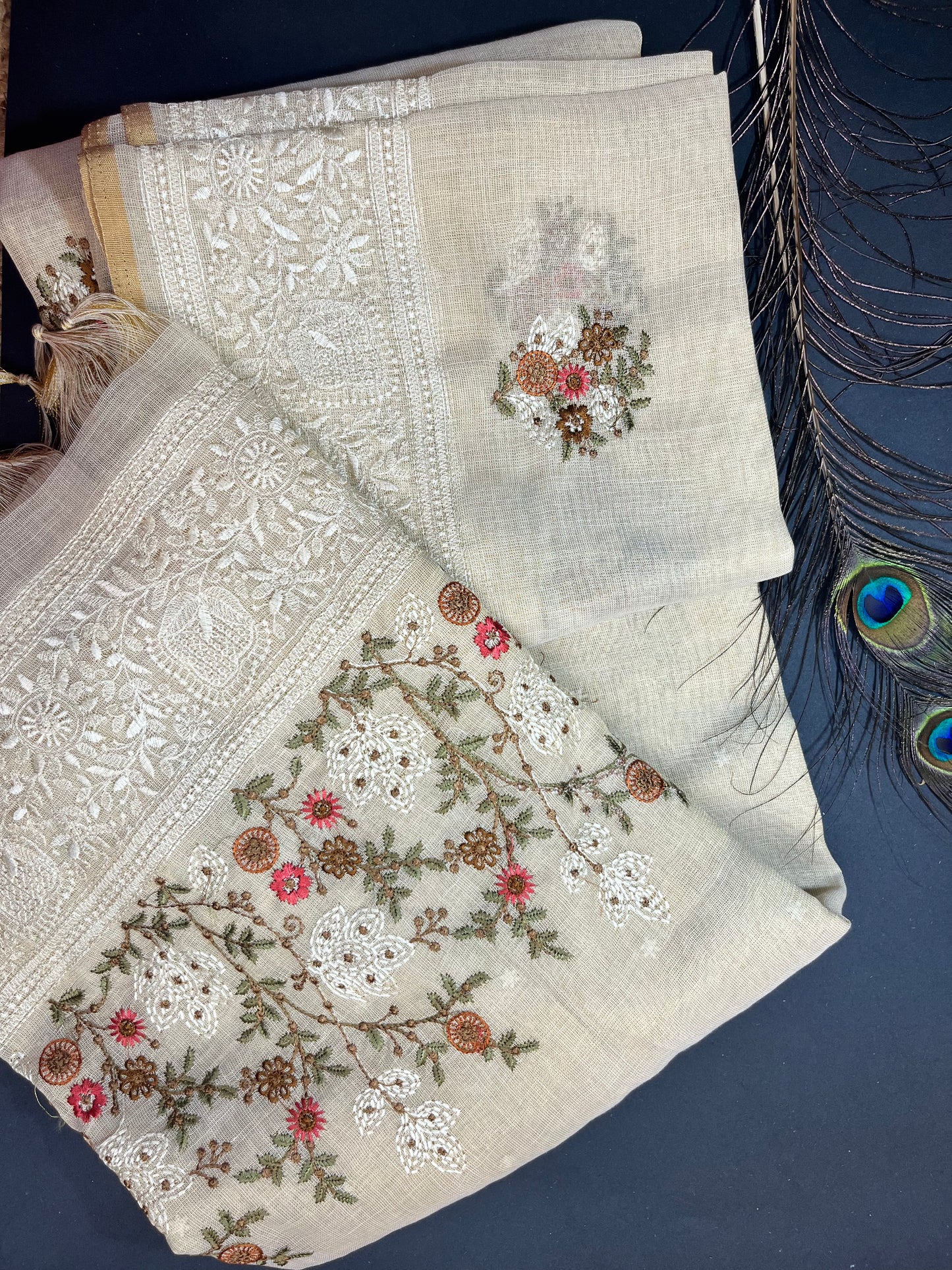 Premium Linen with tissue with embroidery - off white and gold