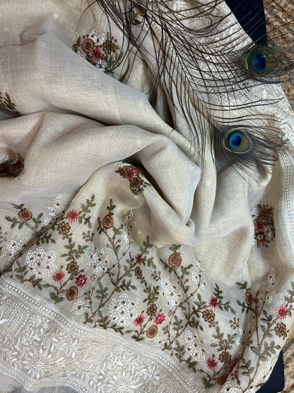 Premium Linen with tissue with embroidery - off white and gold