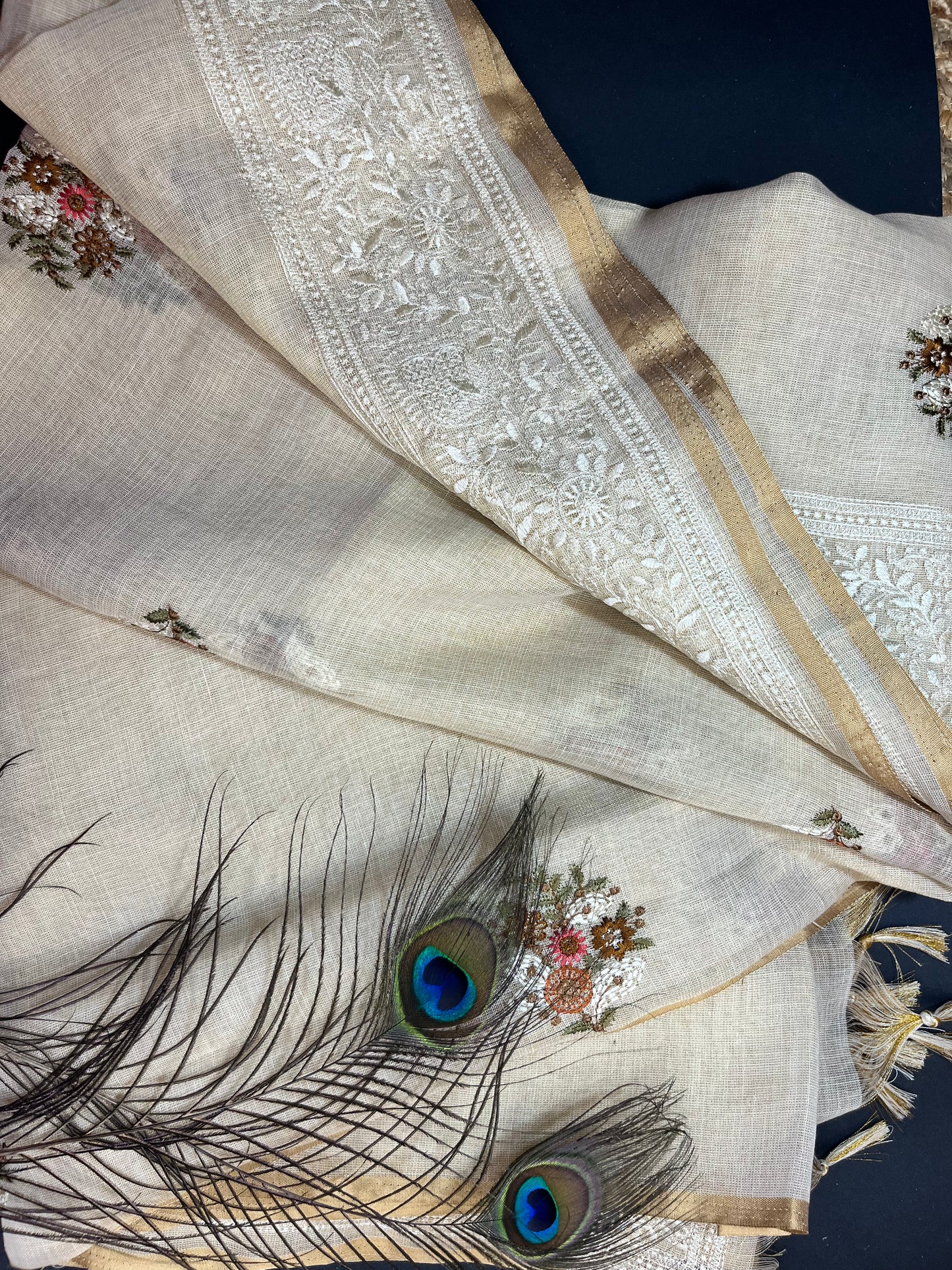 Premium Linen with tissue with embroidery - off white and gold