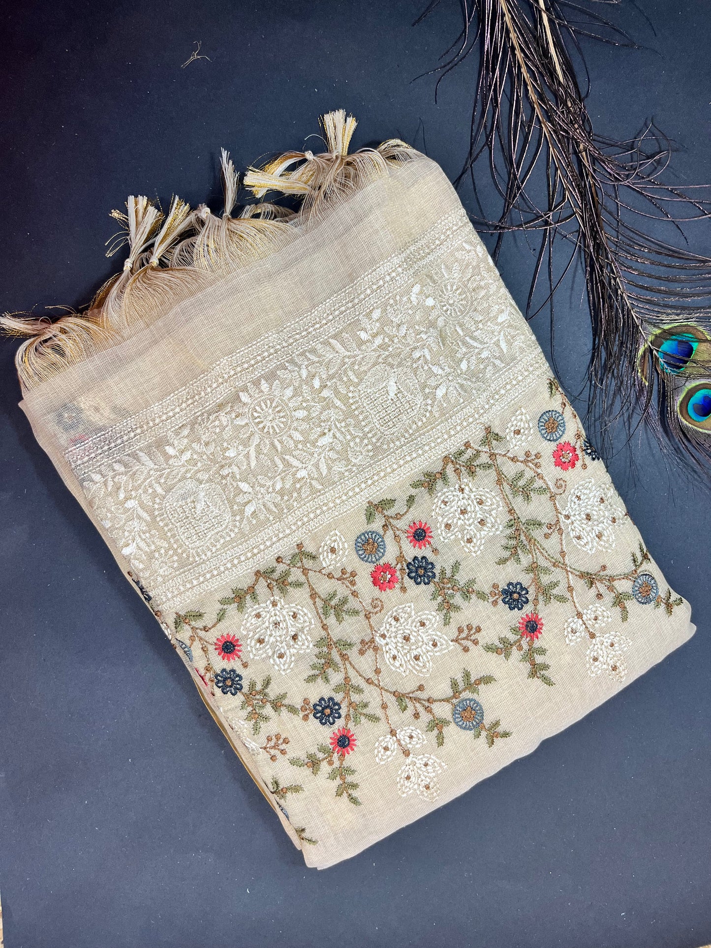 Premium Linen with tissue with embroidery - off white and gold