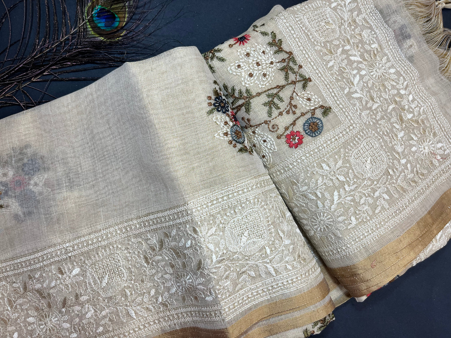 Premium Linen with tissue with embroidery - off white and gold