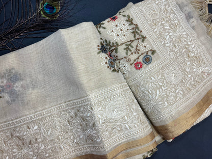 Premium Linen with tissue with embroidery - off white and gold