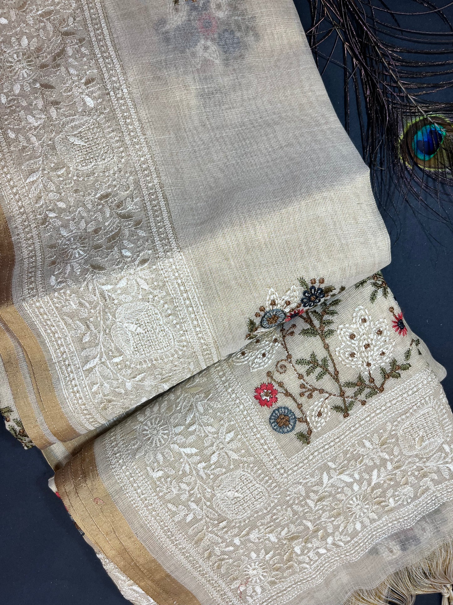 Premium Linen with tissue with embroidery - off white and gold