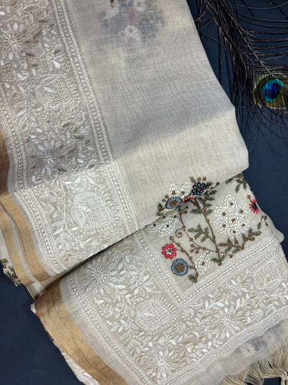 Premium Linen with tissue with embroidery - off white and gold