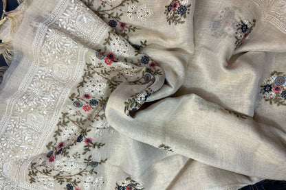 Premium Linen with tissue with embroidery - off white and gold