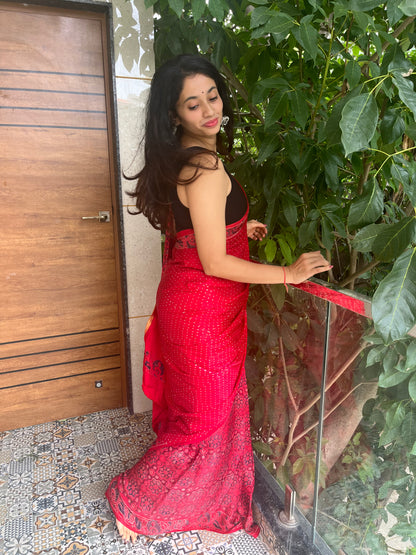 Pure modal silk ajrakh handblock print saree -Red