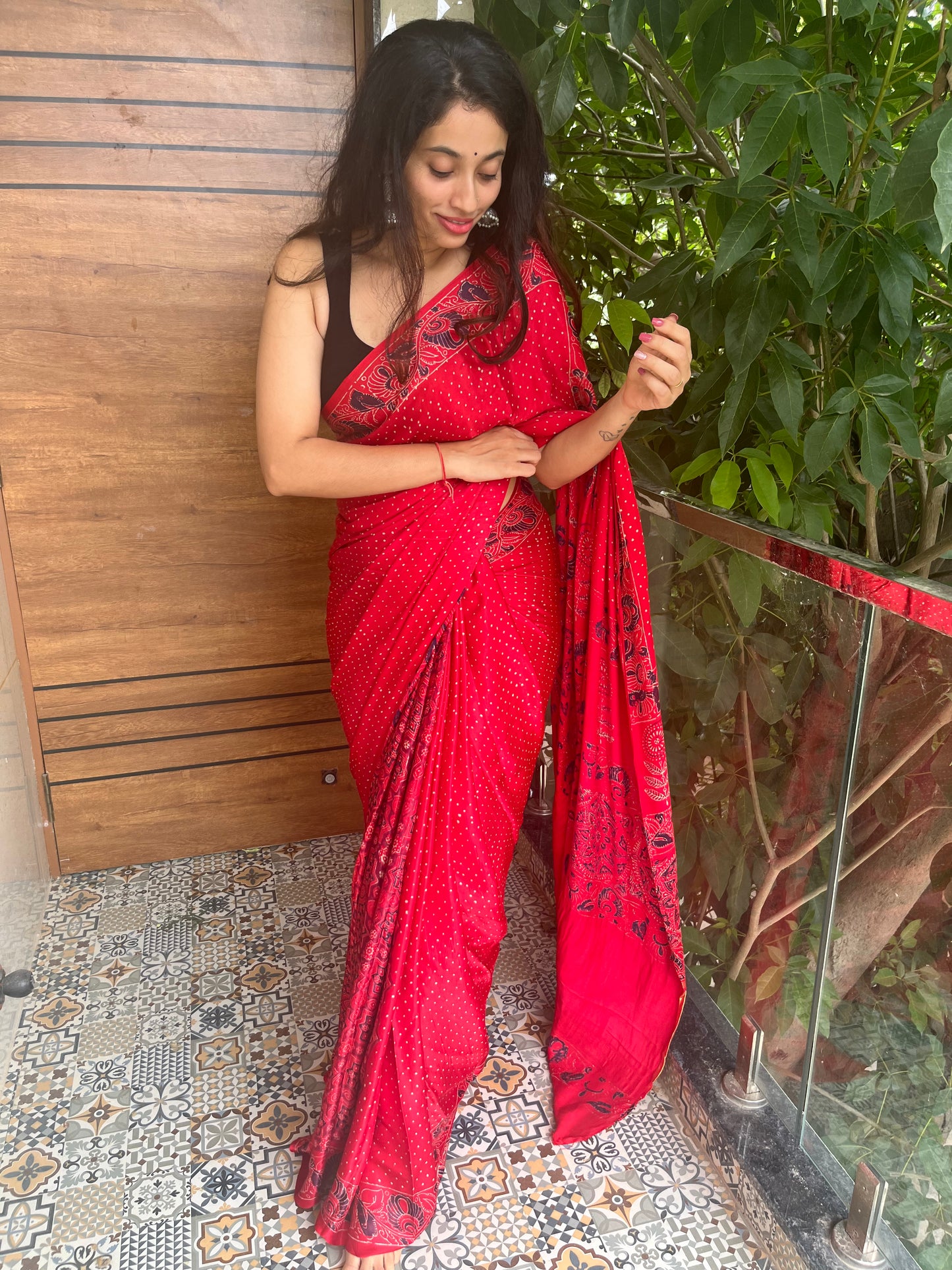 Pure modal silk ajrakh handblock print saree -Red