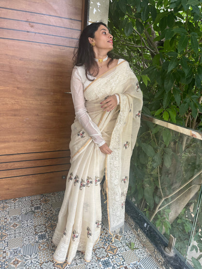 Premium Linen with tissue with embroidery - off white and gold