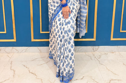 Pure Mul handblock saree - white and blue