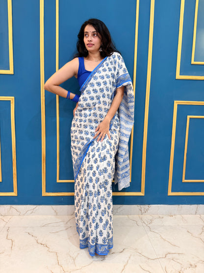 Pure Mul handblock saree - white and blue