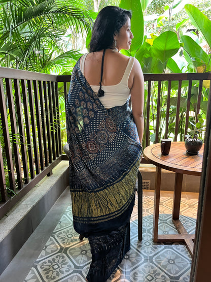 Pure modal silk ajrakh handblock print saree -blue