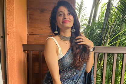 Pure modal silk ajrakh handblock print saree -blue