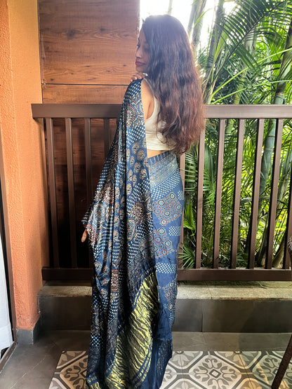 Pure modal silk ajrakh handblock print saree -blue