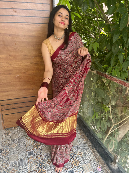 Pure modal silk ajrakh handblock print saree -Maroon