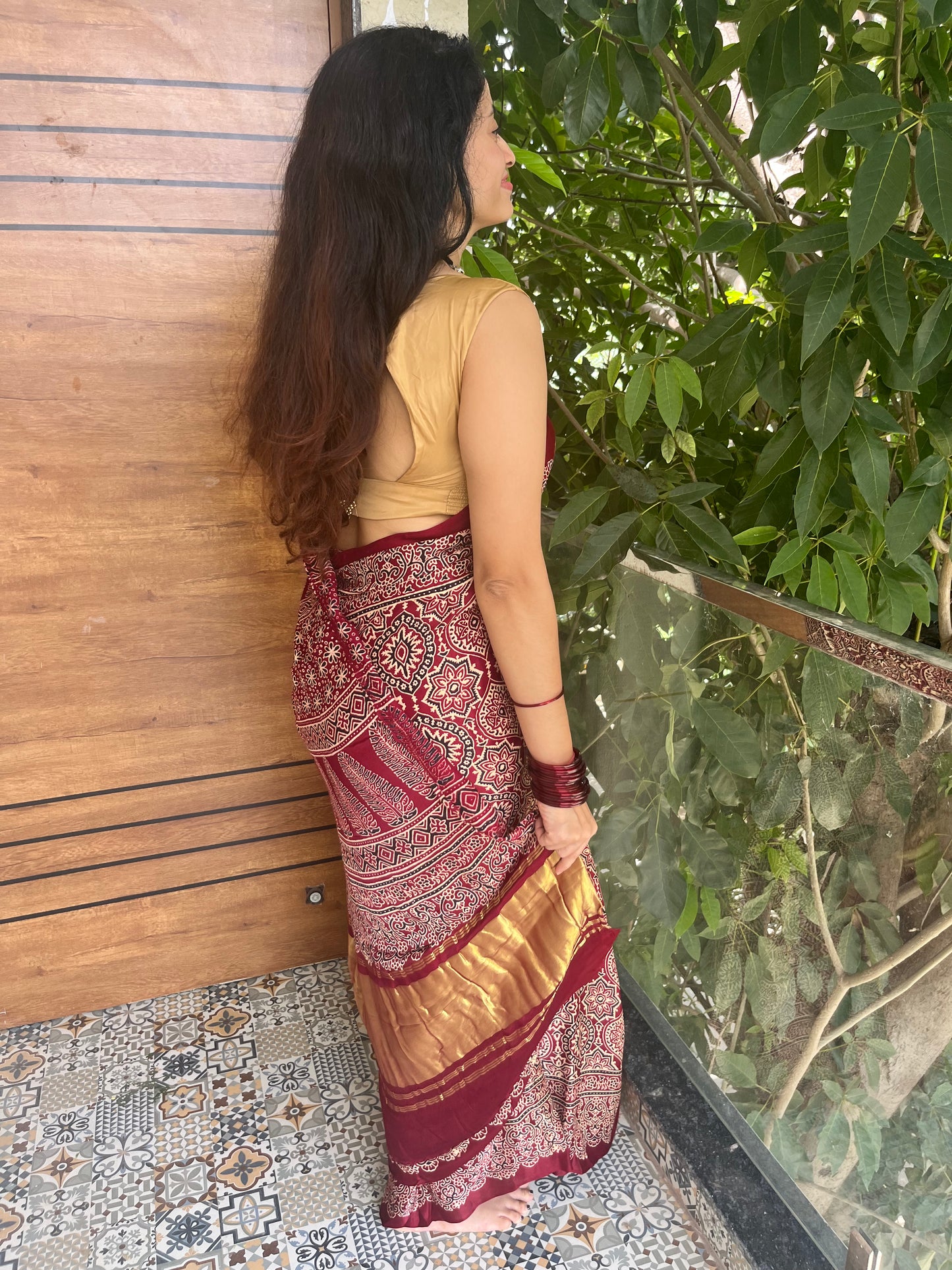 Pure modal silk ajrakh handblock print saree -Maroon