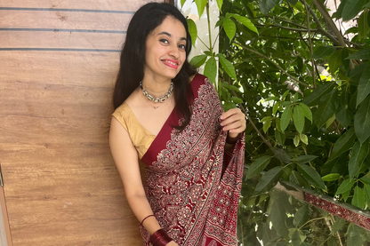 Pure modal silk ajrakh handblock print saree -Maroon