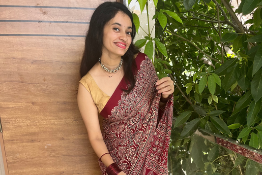 Pure modal silk ajrakh handblock print saree -Maroon