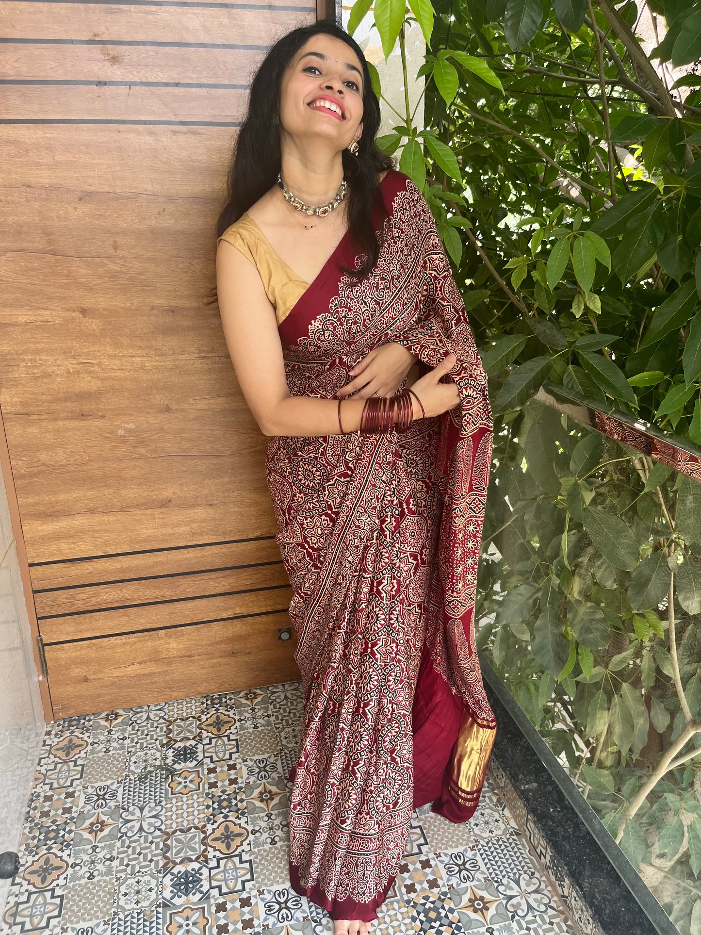 Pure modal silk ajrakh handblock print saree -Maroon