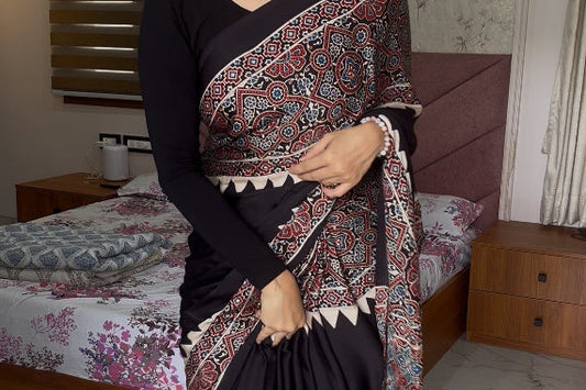 Pure modal silk ajrak handblock saree- black